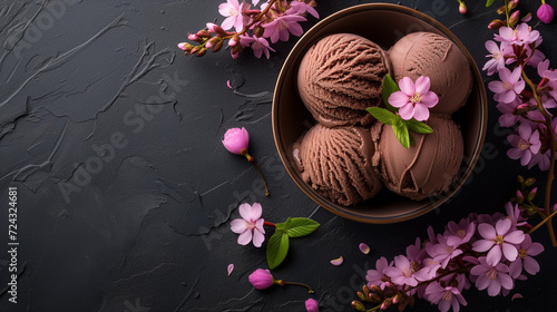 Chocolate ice cream and spring flowers on a black background, top view from above