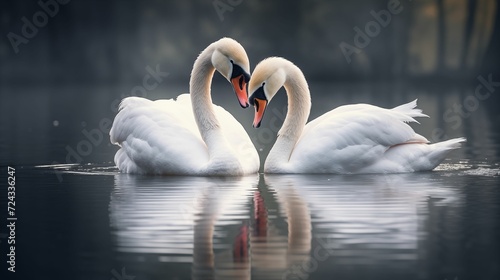 Swans in love on a quiet lake.