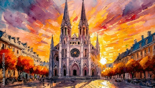 Painting of a huge Cathedral with a fiery sunrise in the background