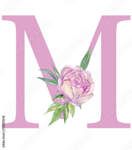 Capital letter M design with watercolor elements. Dusty roses, soft light blush peony, Pink flowers and eucalyptus leaves. Monogram. Ideal for wedding design, branding, invitations, social networks.