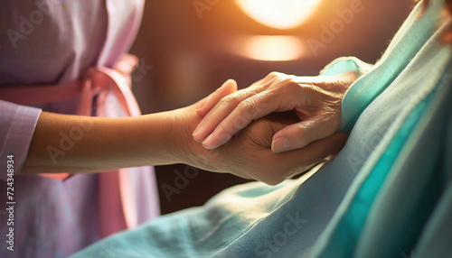 Taking care of the elderly concept with young woman holding the hand of a senior female patient