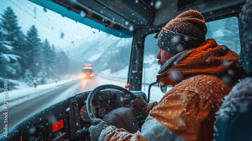 A truck driver navigating through challenging weather conditions with determination and a positive spirit. 