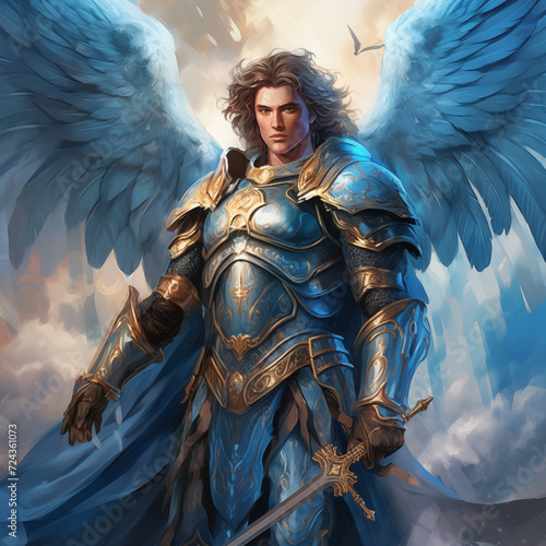 Archangel Michael in the clouds wearing armor and a sword. Powerful Holy Angel of God