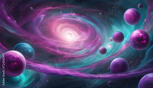 space background with swirling galaxy and planets