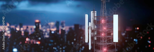 mobile phone signal repeater station tower with blur city at night background. For telecommunication industry, 4g 5g mobile data concept . futuristic technology