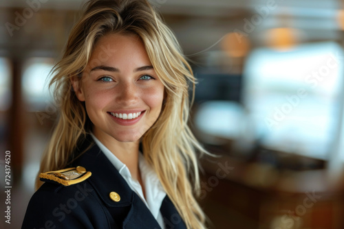 Blonde woman wearing cruise ship staff uniform, boat service crew
