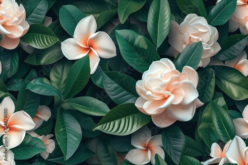 Beautiful White Flowers in a Garden, Blooming in Summer, Isolated Closeup of Floral Beauty with gardenia flower, Creating a Stunning Bouquet Seamless Pattern Background Product