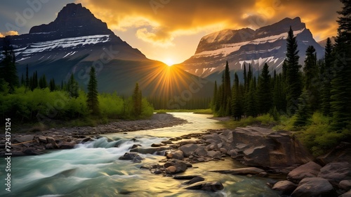 Panoramic view of a mountain river in Banff National Park, Canada