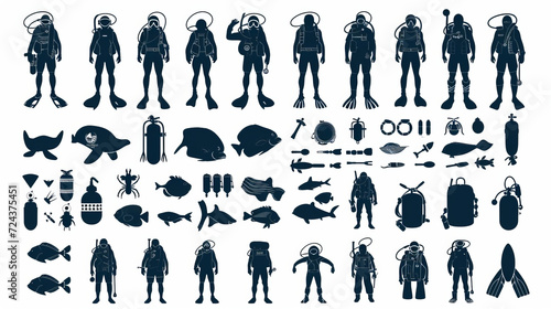 Collection Of 100 Scuba Icons Set Isolated Solid Silhouette Icons Including Scuba, Sport, Ocean, Sea, Diver, Underwater, Water Infographic Elements Vector Illustration Logo