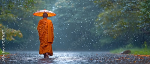 Buddha monk strolling along the road in the rain