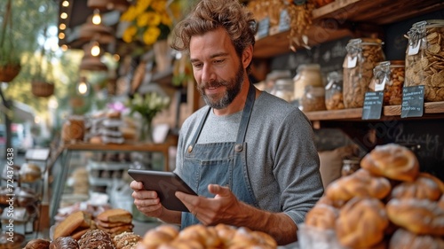 Using a smart tablet to organise inventory orders, the proprietor of a small café and bakery