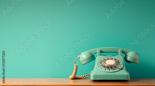 Retro telephone on table in front mint green background. Generative AI