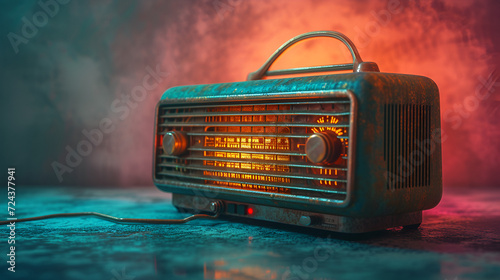 "Vintage and chic radio in a broad banner for media discussions or podcast streamers concepts with an area for text - Created using Generative AI.