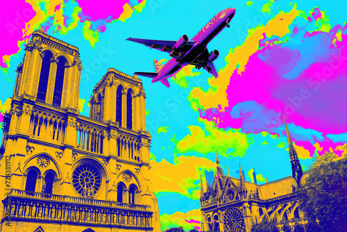 Notre Dame cathedral and plane illustration pop art cartoon postcard colorful, travel France Paris Europe 