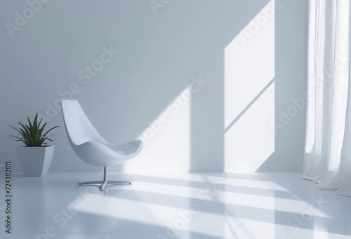 Elegant minimalist white room with a sleek modern chair, vibrant potted plant, and soft natural light casting shadows. AI Generative