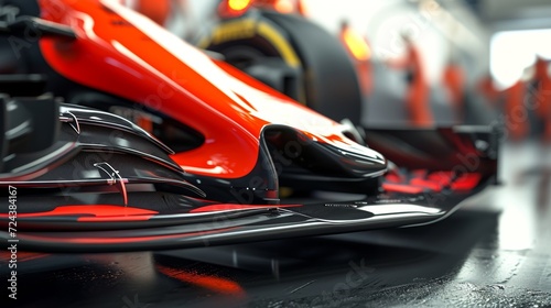 Macro shot of a cars front wing emphasizing the intricate design and use of aerodynamic elements such as canards and strakes to reduce drag and improve downforce.