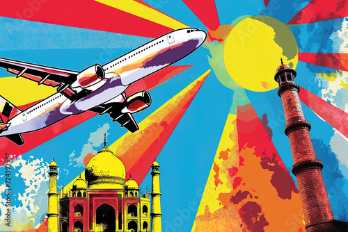 Taj Mahal and plane illustration pop art cartoon postcard colorful, travel India Agra Uttar Pradesh