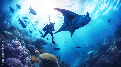 Scuba divers and three mantas swimming near the coral reef and fishes on a blue sea ocean. Underwater tropical marine wildlife. AI Generative