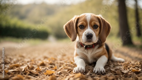 Cachorro beagle echado en medio del bosque, mirando hacia el frente