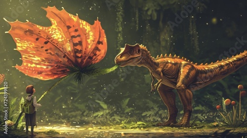 A small paleontologist observes a dinosaur with erflylike wings pollinating a large unusual flower with its long snout.