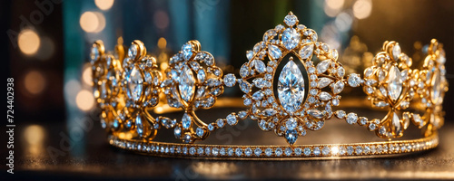 Beautiful silver tiara with diamonds on black background. selective focus. Generative AI,