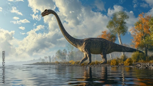 A mive Diplodocus stretches its long body along the lagoon basking in the warm sun.