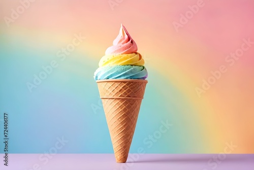 rainbow ice cream cone on pastel background.
