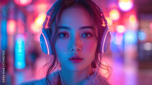 Cute DJ with head phone, young women with earphone, music industry