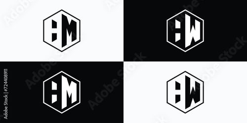 Vector logo design collection of initials H M and H W letters in hexagon shape with negative space.