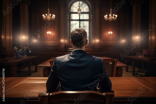 Young male lawyer sitting in a courtroom and looking at the window, rear view. Law, legal services, advice, Justice and real estate concept.