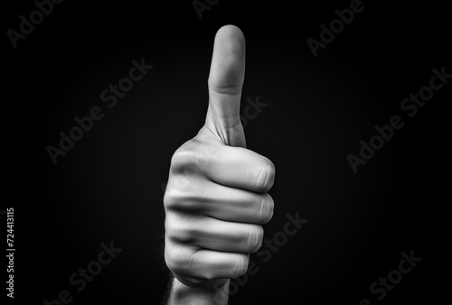 Man's hand shows thumbs up on a black background