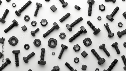 Screws, nuts, cogs, bolts pattern on a white background.