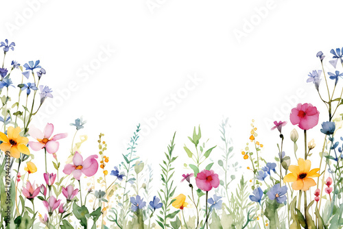 Watercolor Wildflowers Seamless Border Summer Floral Frame for Greeting Cards and Invitations