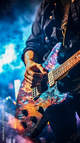 A guitarist performing a guitar solo on stage, closeup