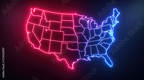 Political Divide: USA Map in Neon Lights Illustrating Bipartisanship. The contrasting red and blue neon outlines of the United States map symbolize the nation's political landscape and the concept of 