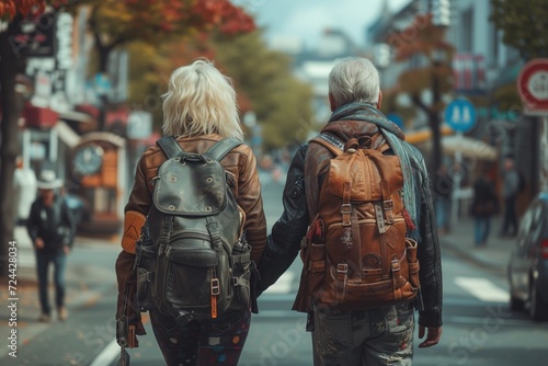 aged couple crossing the street, leather jacket, face tattoed, modern haircut