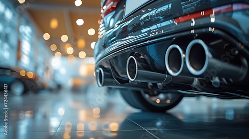 Sporting car's dual exhaust tip muffler pipe in up-close, with the dealership in the backdrop, space, Generative AI.