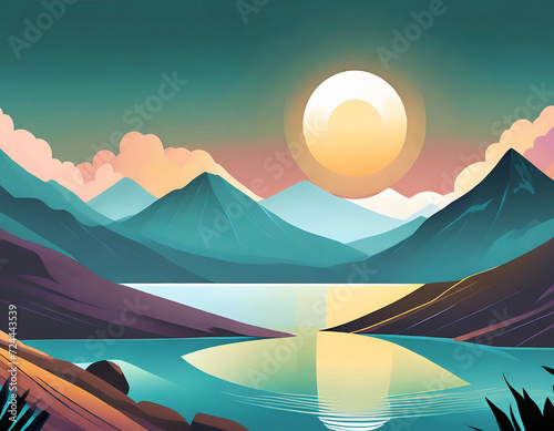 Tropical montain view with river and village in flat art design illustration