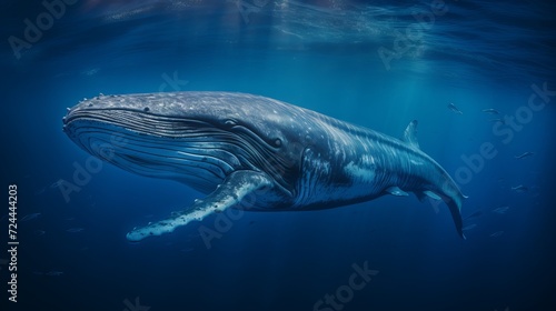 Close-up of a majestic blue whale in the deep ocean, showing its eye and baleen plates