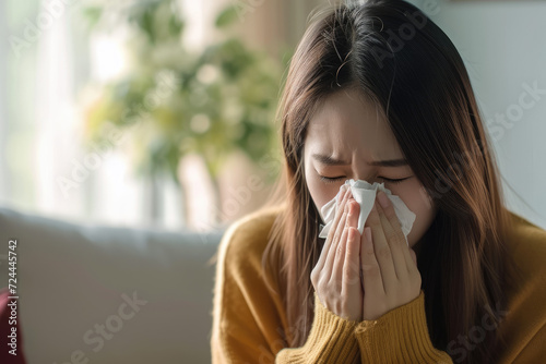 asian Female with nasal tissue and sneezing due to allergies, cold, or flu in living area 