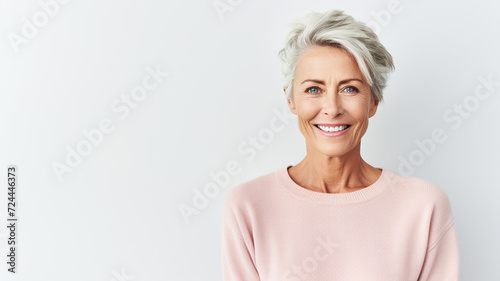 Beautiful gorgeous 50s mid age beautiful elderly senior model woman with grey hair laughing and smiling. Mature old lady close up portrait, copy space.