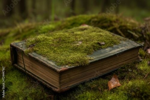 Ancient book moss on soil ground. Path trees landscape wood forest plant. Generate Ai