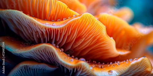 the intricate textures and organic shapes of a mushroom cap in macro shots. Generative AI