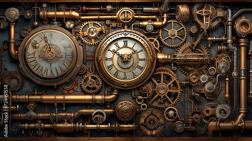 A retro-futuristic vision of a steampunk society with industrial elements and horology