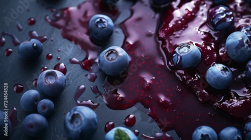 Blueberry jam smear on a table in food photography style. Blueberry top view.
