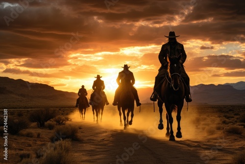 A group of people happily riding horses together down a dirt road, the cowboys come back to town at sunset, a Western story, AI Generated