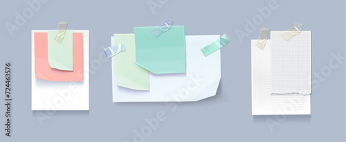 Set of paper notes isolated on background. Vector realistic illustration of blank notepad page pieces attached to board or wall with color sticky tape, reminder message, to-do list, schedule sheet