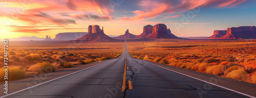 the road towards monument valley in arizona near sunrise