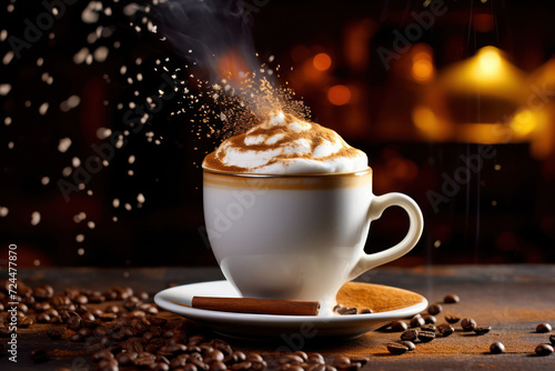 Cappuccino with the foam, sprinkles of cocoa, and coffee beans levitating, set against a café-style backdrop