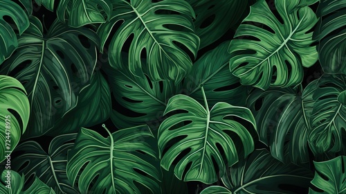 Abstract foliage and botanical background. Green tropical forest wallpaper of monstera leaves, palm leaf, branches in hand drawn pattern. Exotic plants background for banner, prints, decor, wall art. 